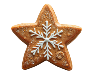 Star-Shaped Christmas Cookie with White Icing Snowflake Design on Transparent Background, Festive Holiday Treats. 
