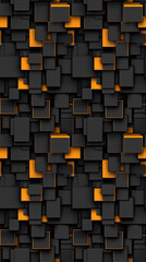 A black and orange patterned wallpaper with squares of different sizes. The pattern is bold and eye-catching, with the black and orange colors creating a striking contrast