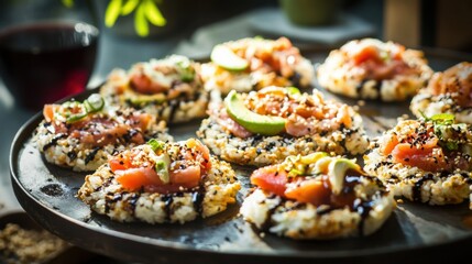 A tempting sushi pizza platter featuring crispy rice topped with spicy tuna, eel, and avocado