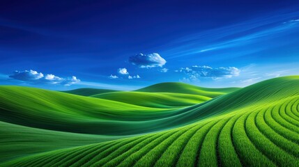 Obraz premium Serene Green Hills Landscape Rolling Fields Blue Sky Clouds