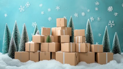 Holiday scene made from stacked cardboard boxes, featuring a winter backdrop.