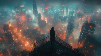 Fototapeta premium A silhouette stands on a rooftop overlooking a vibrant, foggy cityscape at night.