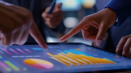 Fototapeta premium Group analyzing data on a tablet screen with graphs and charts.