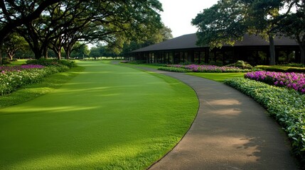 Serene Golf Course Landscape Lush Green Grass Winding Path Building