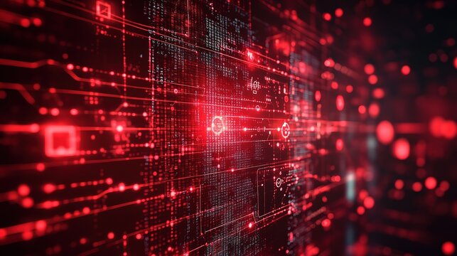 Abstract red digital data stream, technology background.