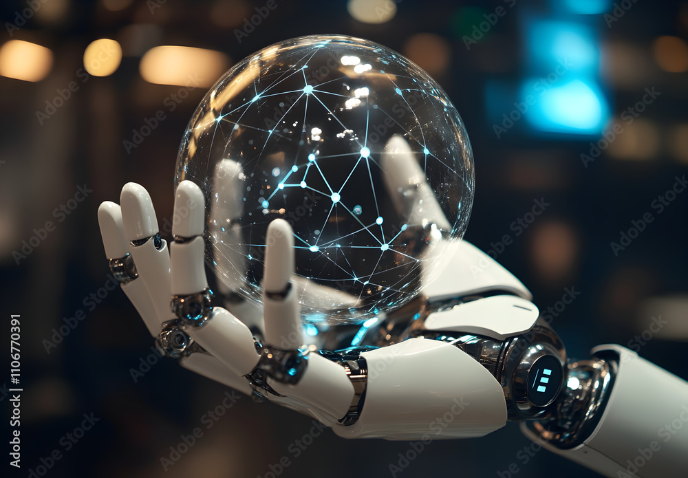 Wall mural robot's hand holding a digital sphere with a network and connections on a blurred background, a tech