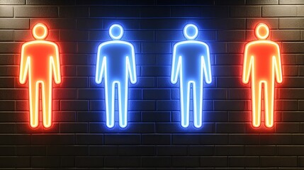 Neon glowing figures of men in blue and red lights on a dark urban wall, symbolizing gender, identity, and contemporary social dynamics