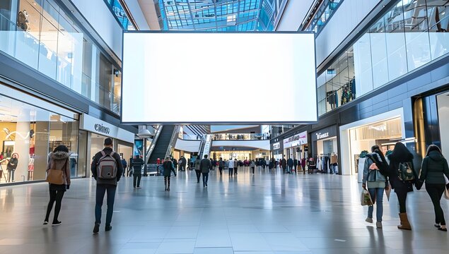 A large blank billboard dominates the bright interior of a modern shopping mall, showcasing ample advertising space. Shoppers stroll through the spacious hallways, creating a bustling atmosphere.