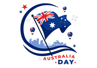 Happy Australia Day Vector Illustration Celebrating 26 January, Featuring a Map and a Waving Australian Flag in a Background for a National Holiday