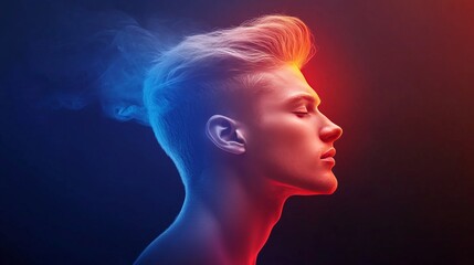 Fototapeta premium Dramatic side profile of a person in vibrant red and blue lighting with a futuristic aesthetic, symbolizing individuality, creativity, and emotional strength