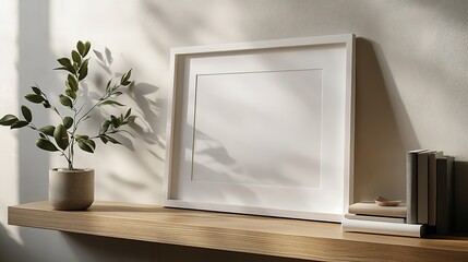 Blank white frame mockup on wooden shelf with plant and books.