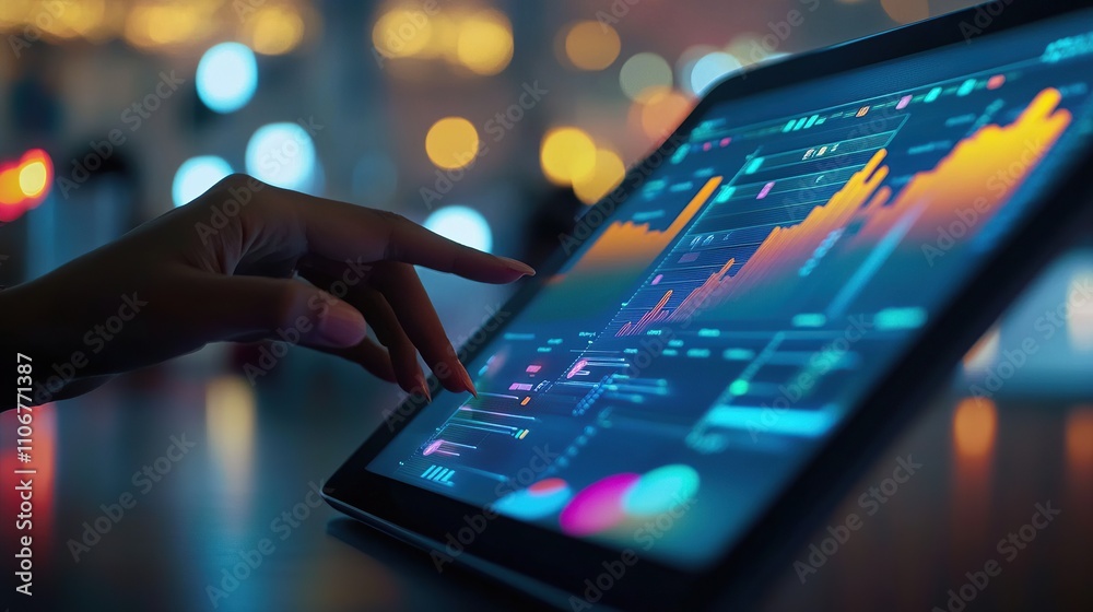 Poster a hand interacting with a digital tablet displaying colorful data visualizations.