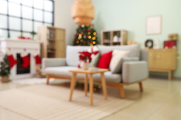 Blurred view of living room with sofa, fir tree and Christmas plant poinsettia on table