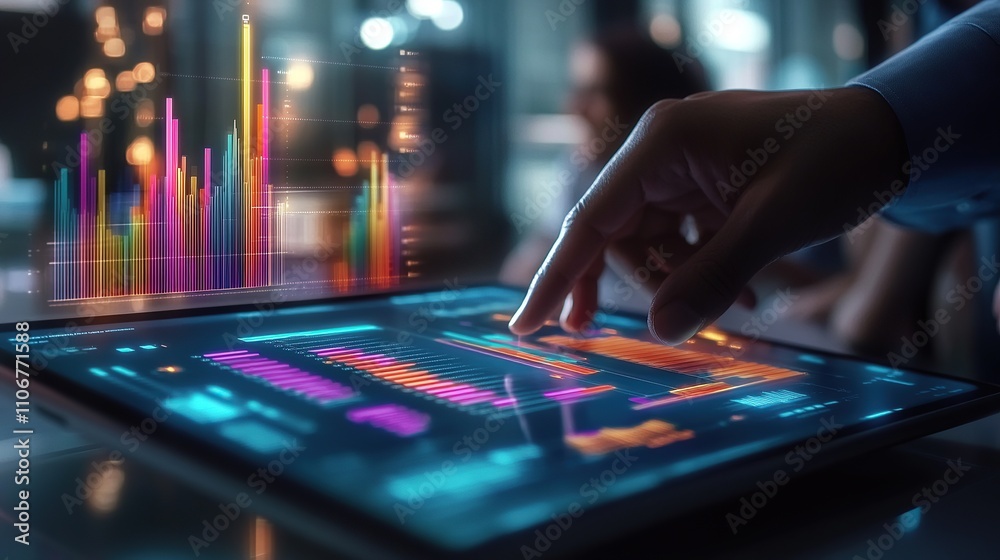 Poster interactive data analysis with colorful graphs on a digital tablet.