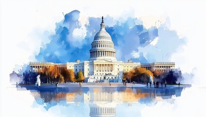 US Capitol Building in Watercolor Digital Art Style - Detailed, Hyperrealistic Wide-Angle View with People, Trees and Reflections