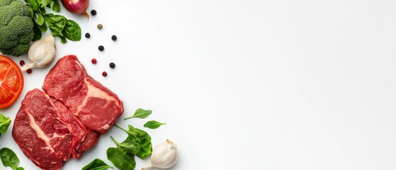 Fresh ingredients for cooking beef broccoli garlic and tomato layout for culinary inspiration