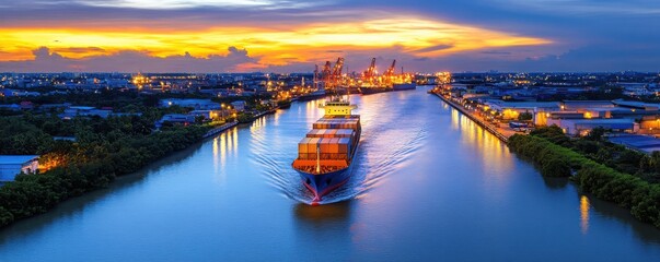 Fototapeta premium Cargo Ship Navigating Waterway at Sunset with Industrial Background
