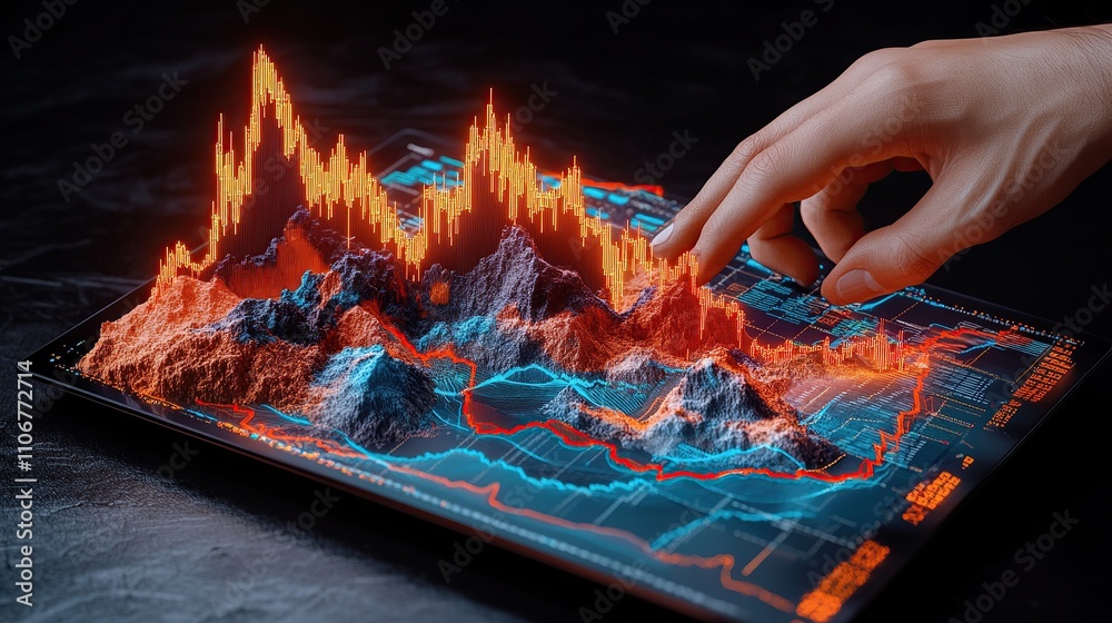 Poster a hand interacting with a 3d data visualization on a tablet screen.