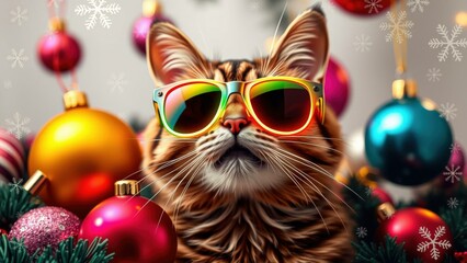 Obraz premium Cool Cat in Christmas Sunglasses: Funny Holiday Wall Art, Gift Idea for Cat Lovers