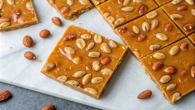 Peanut Brittle Squares Squares of crunchy homemade peanut brittle showcasing a shiny amber tone studded with whole roasted peanuts. The surfaces glisten under the light and a