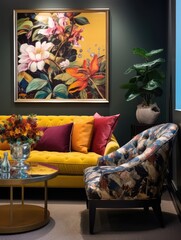Vibrant interior featuring soft, comfy seating, bold prints, and fresh flowers  
