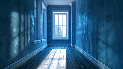 Fototapeta premium The end of a hallway illuminated by natural window light, rendered in 3D.
