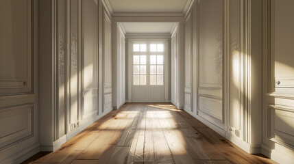 Fototapeta premium The end of a hallway illuminated by natural window light, rendered in 3D.