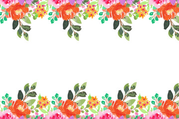 Watercolor flowers background for design. Floral border frame card template.