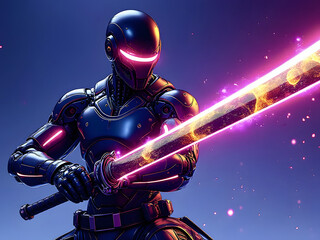 Fototapeta premium Futuristic warrior wielding a glowing sword in a vibrant digital landscape at night