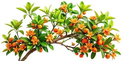 Isolated Orange Blossoms on White Background - Blooming Orange Tree Branch with Flowers and Leaves, Perfect for Nature and Floral Photography, Home Decor, and Botanical Illustrations