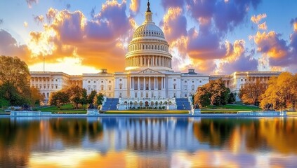 Obraz premium Majestic Sunset View of the United States Capitol Building with Iconic Dome, Lush Lawns, Trees, and Serene Water Reflection - Awe-inspiring Landmark of America