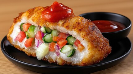 Crispy Breaded Cutlet Stuffed with Fresh Cucumber Tomato Salad and Ketchup