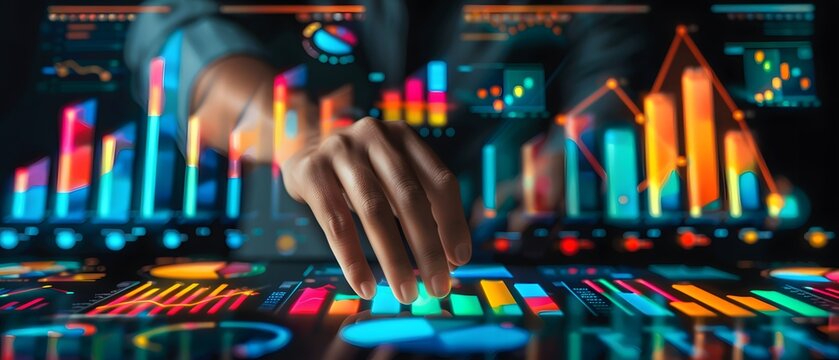 Person's hand interacts with vibrant data visualizations on a digital interface, showcasing dynamic charts and graphs.