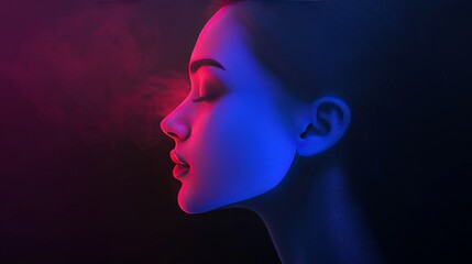 Obraz premium Side profile of a woman with neon pink and blue lighting symbolizing modern technology, AI driven creativity, and futuristic human technology interaction