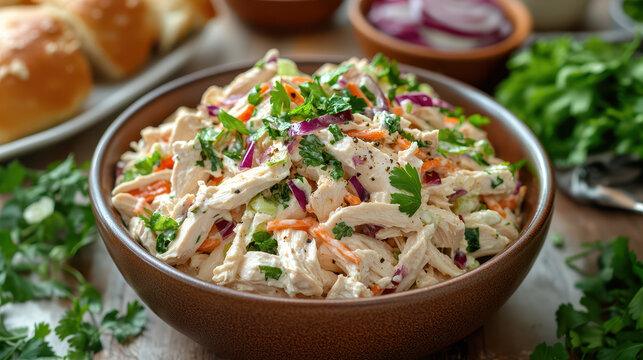 Shredded chicken salad with fresh herbs and vegetables in bowl