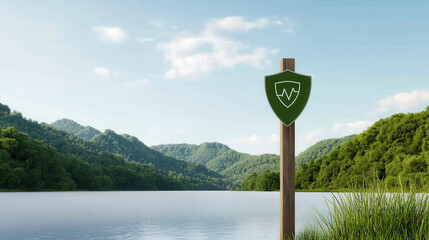 serene landscape featuring health warning signpost by calm lake, surrounded by lush green mountains and clear blue skies, evokes sense of tranquility and caution