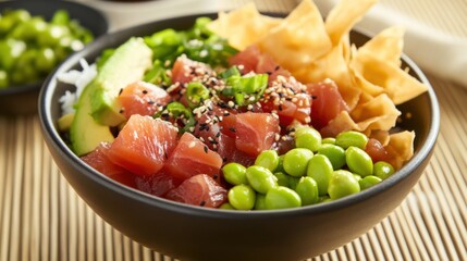 A vibrant bowl of poke featuring cubes of fresh tuna, avocado, and edamame