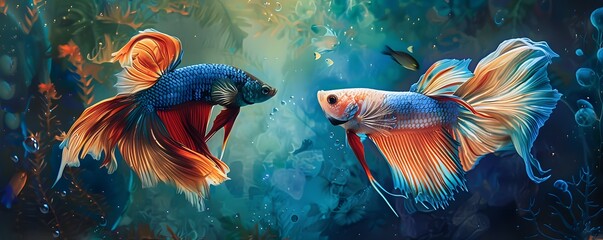 Two Vibrant Siamese Fighting Fish Swim Gracefully Underwater