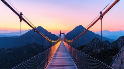 Fototapeta premium A stunning suspension bridge stretches toward mountains, illuminated by a vibrant sunset, creating a picturesque scene of nature and architecture.