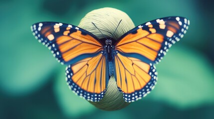 Obraz premium A vibrant orange butterfly rests on a green sphere, showcasing intricate patterns and delicate wings against a soft, blurred background.