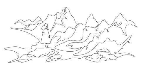 Continuous one line drawing woman stands at the foot of a mountain. A woman waits in the mountains. Landscape. One continuous line isolated minimal illustration.Not AI.