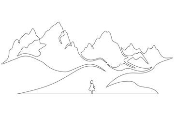 Continuous one line drawing woman stands at the foot of a mountain. A woman waits in the mountains. Landscape. One continuous line isolated minimal illustration.Not AI.