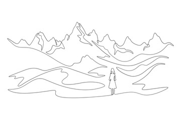Continuous one line drawing woman stands at the foot of a mountain. A woman waits in the mountains. Landscape. One continuous line isolated minimal illustration.Not AI.
