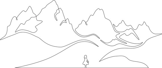 Fototapeta premium Continuous one line drawing woman stands at the foot of a mountain. A woman waits in the mountains. Landscape. One continuous line isolated minimal illustration.Not AI.