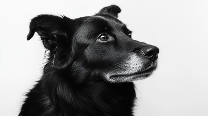 A close-up black and white portrait of a dog, showcasing its profile.