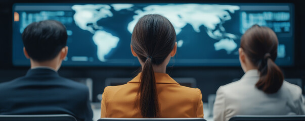 Futuristic workspace with professionals analyzing global data trends