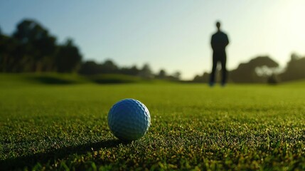 A close-up of a golf ball resting on the grass near the tee, with a golferâ€™s silhouette in the background, preparing to play