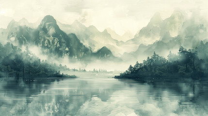 Tradition,Chinese Ink,Painting,style, nature-inspired, art,harmonizing,humble,charm
, landscape,mountains, clouds,rivers