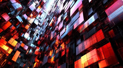 Obraz premium Abstract rendering of glowing red and orange cubes clustered into a dynamic pattern, symbolizing advanced technology, cyber connectivity, and data abstraction