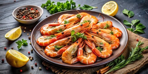 Mouthwatering Shrimp Platter with Fresh Herbs and Lemon Wedges - Perfect Seafood Delight for Culinary Lovers and Food Enthusiasts